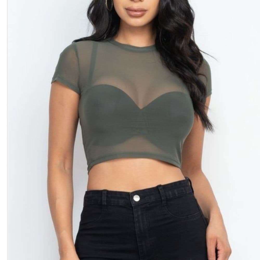 Black Short Sleeve Sheer Crop Top For Layering - Thumbnail 2
