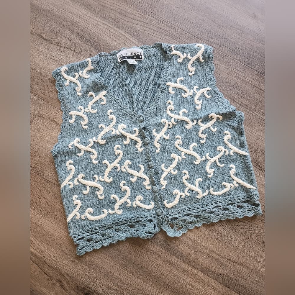 Vintage Reference Point Embroidered Blue And White Crochet Sweater Vest - Thumbnail 14