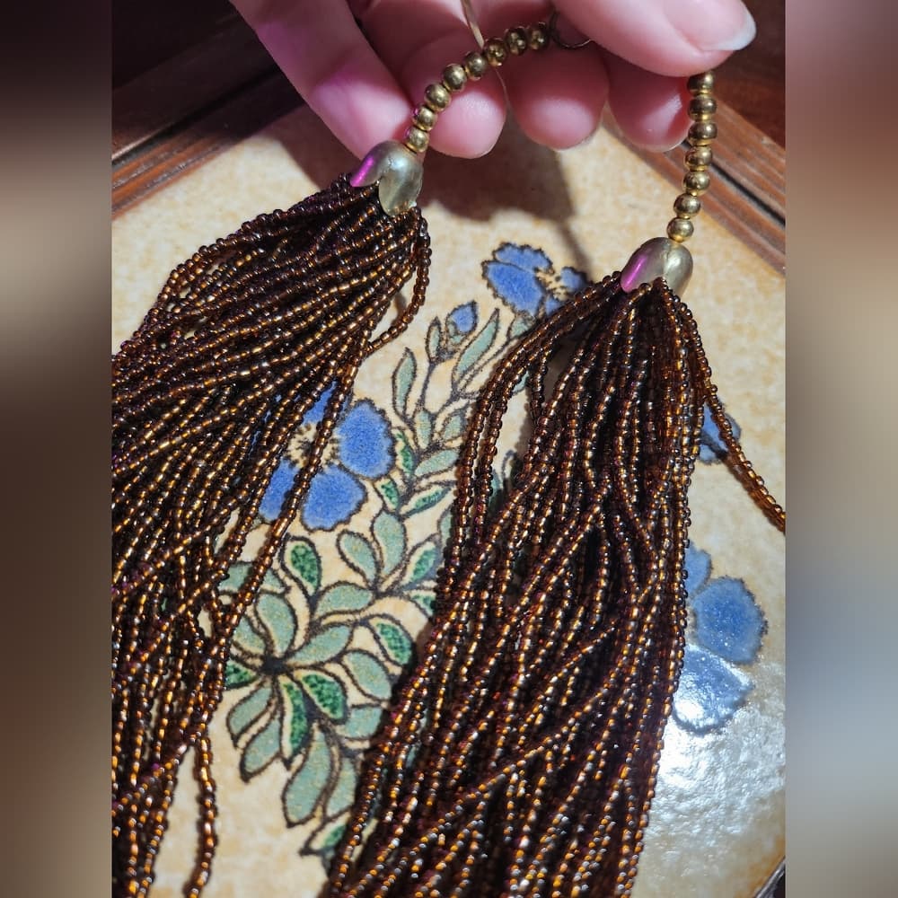 Multi Strand Beaded Shell Pendant Necklace and Earring Set Brown Bronze - Thumbnail 6