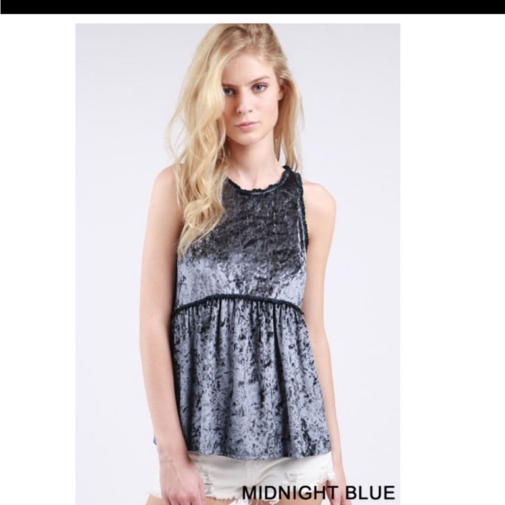 POL Crushed Velvet Blue Baby Doll Tank Top Crochet Lace Trim - Thumbnail 3
