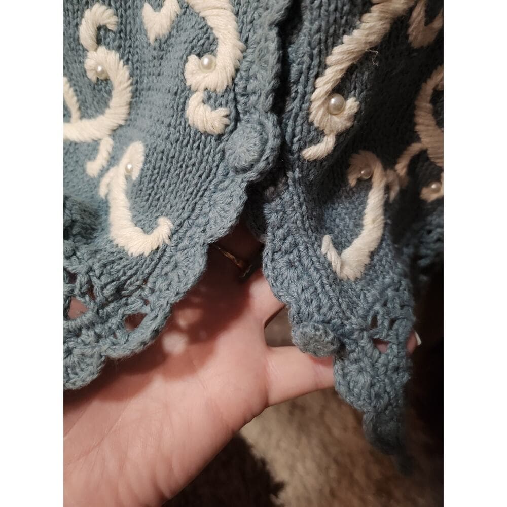 Vintage Reference Point Embroidered Blue And White Crochet Sweater Vest - Thumbnail 11