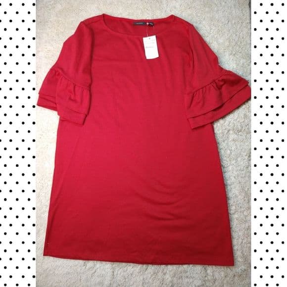 Red Halogen Sweater Dress with Ruffle Sleeves - Thumbnail 8