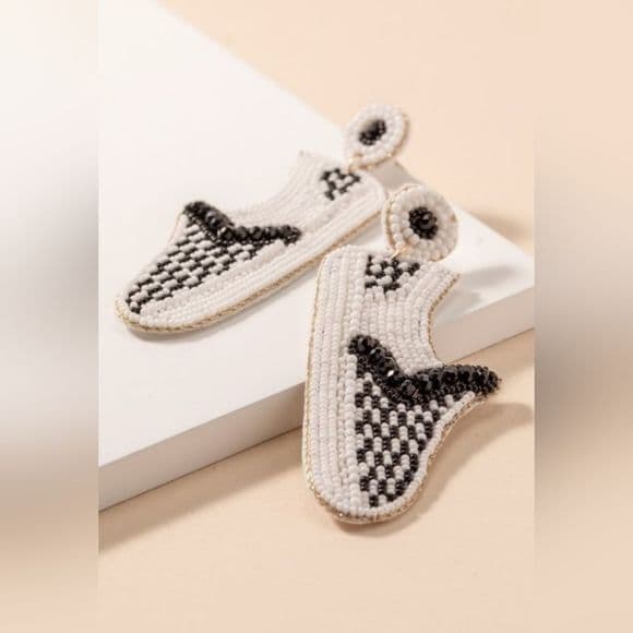 Black and White Seed Beaded Slip On Checkered Vans Shoes Earrings - Thumbnail 3