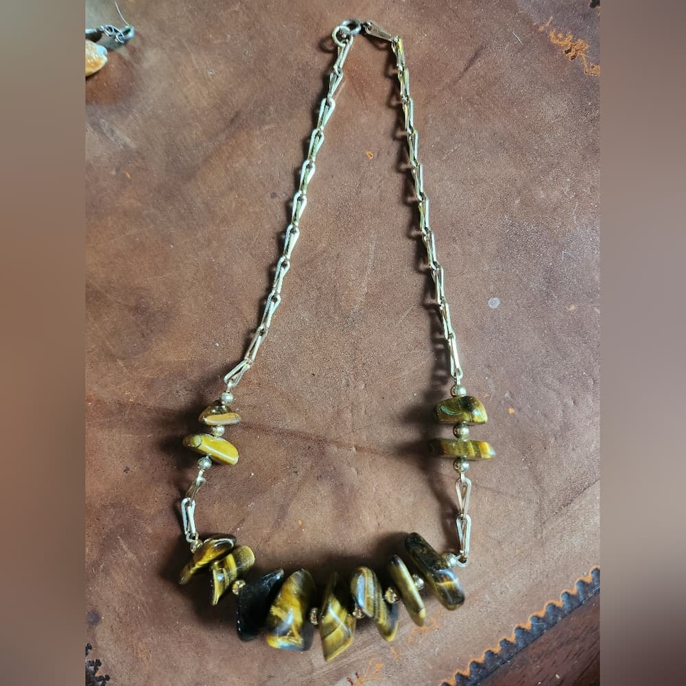 Vintage Gold and Tiger Eye Beaded Necklace with Delicate Chain Choker - Thumbnail 7