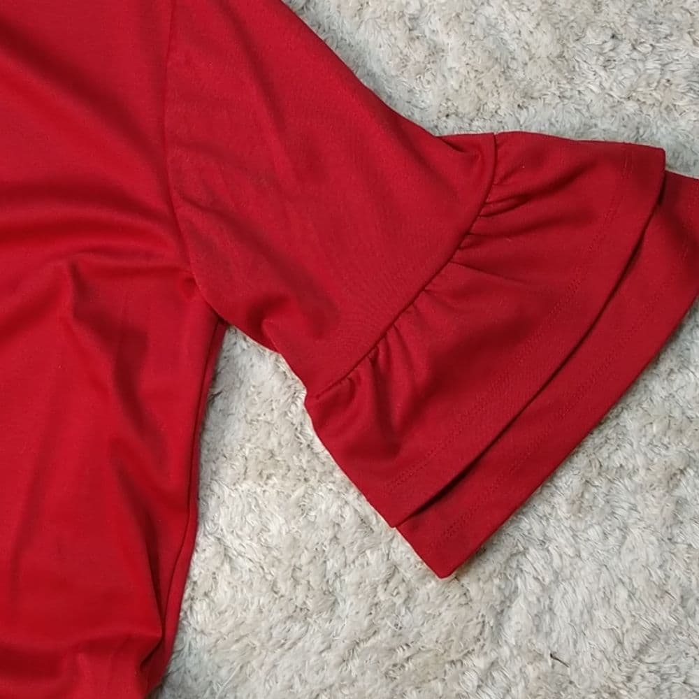 Red Halogen Sweater Dress with Ruffle Sleeves - Thumbnail 4