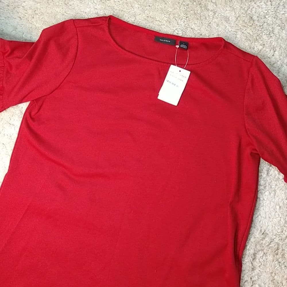 Red Halogen Sweater Dress with Ruffle Sleeves - Thumbnail 3