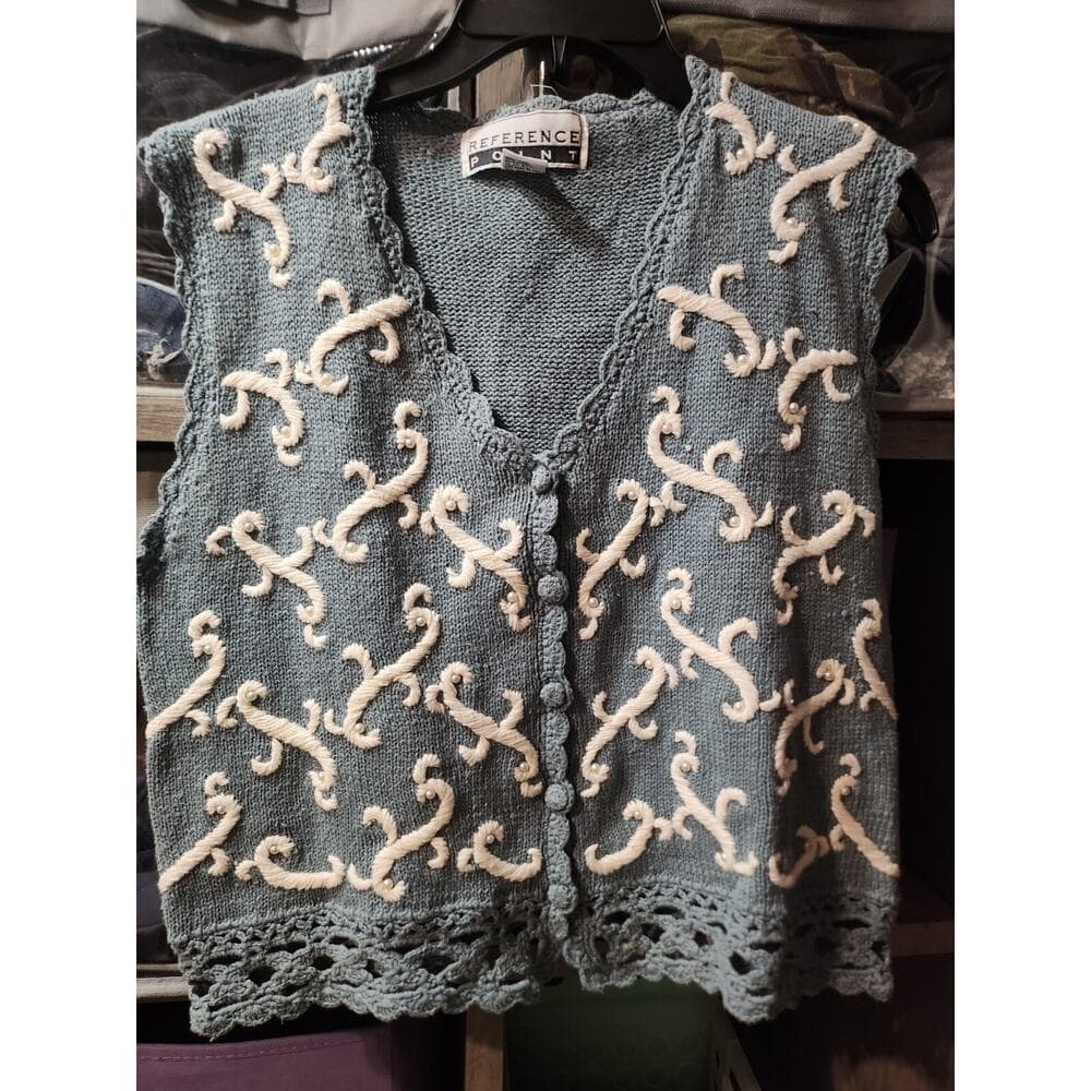 Vintage Reference Point Embroidered Blue And White Crochet Sweater Vest - Thumbnail 8
