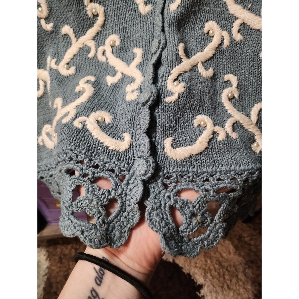 Vintage Reference Point Embroidered Blue And White Crochet Sweater Vest - Thumbnail 10