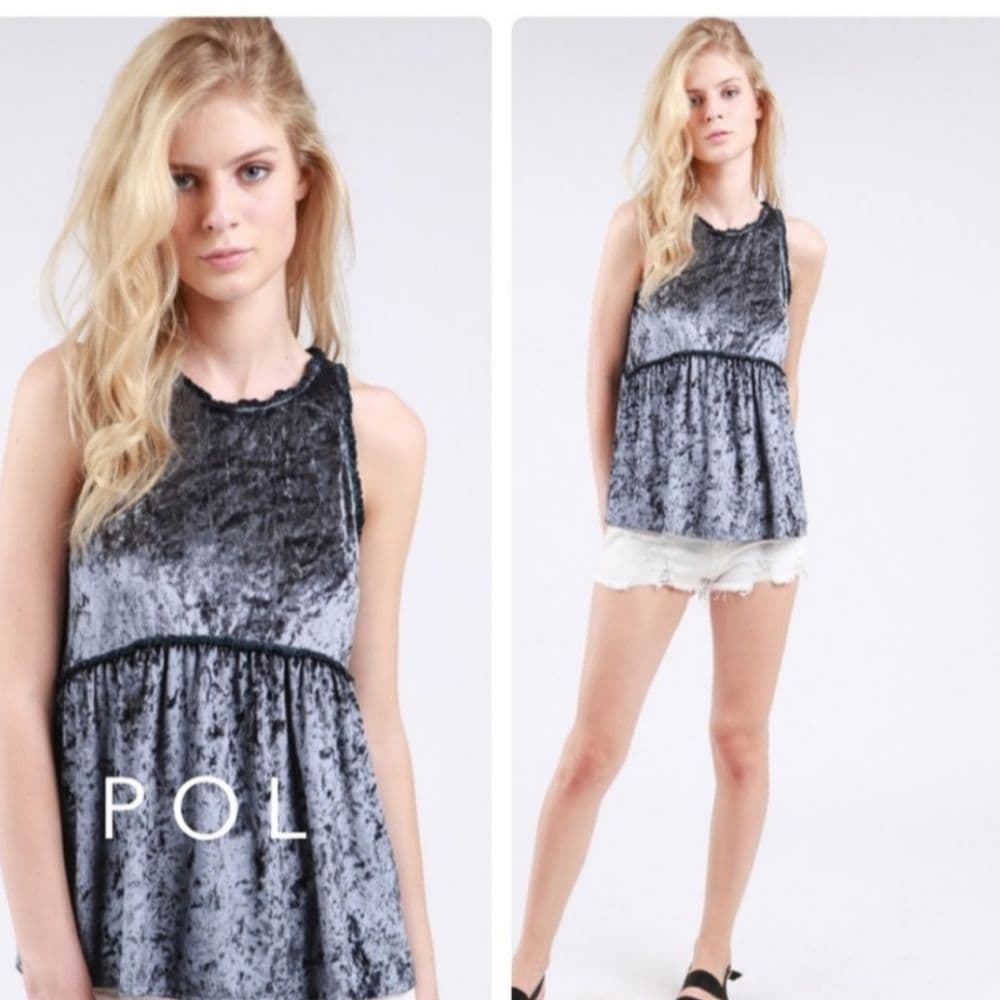 POL Crushed Velvet Blue Baby Doll Tank Top Crochet Lace Trim - Thumbnail 2