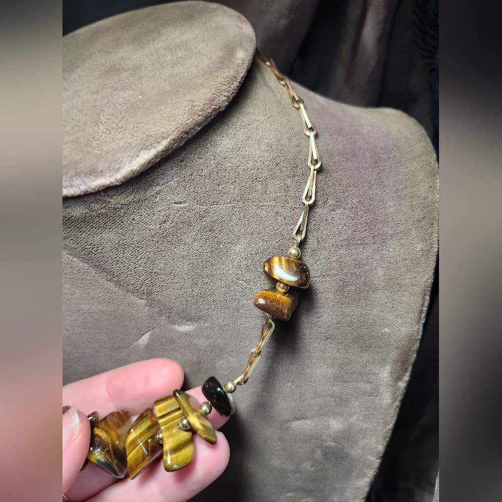 Vintage Gold and Tiger Eye Beaded Necklace with Delicate Chain Choker - Thumbnail 5