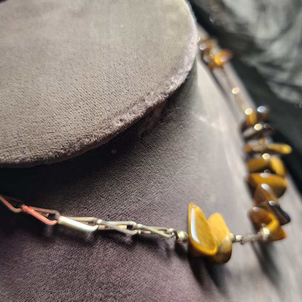 Vintage Gold and Tiger Eye Beaded Necklace with Delicate Chain Choker - Thumbnail 6