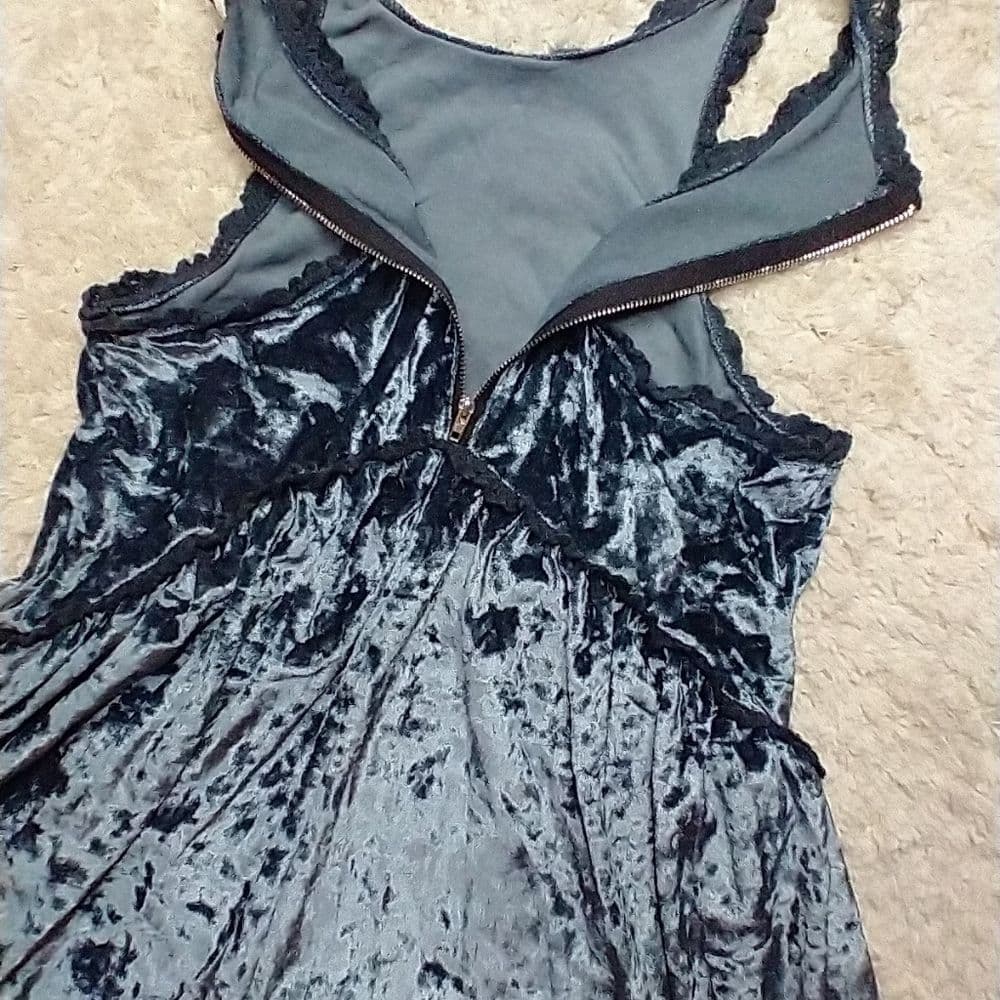 POL Crushed Velvet Blue Baby Doll Tank Top Crochet Lace Trim - Thumbnail 8