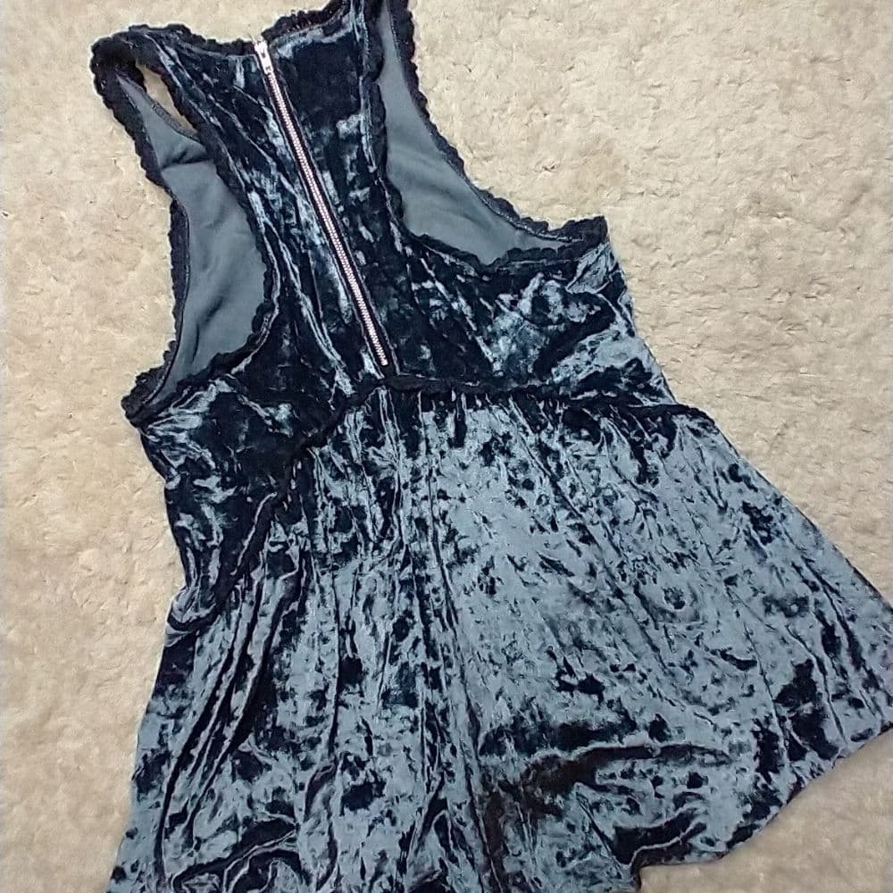 POL Crushed Velvet Blue Baby Doll Tank Top Crochet Lace Trim - Thumbnail 7