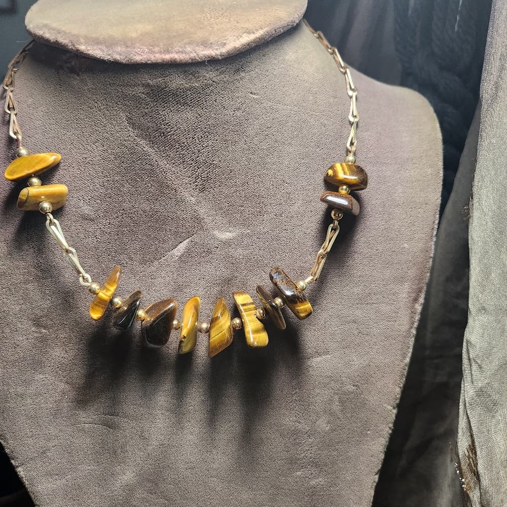 Vintage Gold and Tiger Eye Beaded Necklace with Delicate Chain Choker - Thumbnail 11