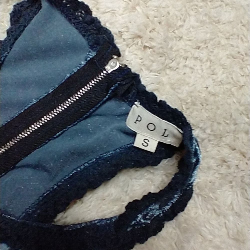 POL Crushed Velvet Blue Baby Doll Tank Top Crochet Lace Trim - Thumbnail 6