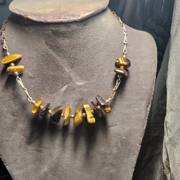 Vintage Gold and Tiger Eye Beaded Necklace with Delicate Chain Choker - Thumbnail 12