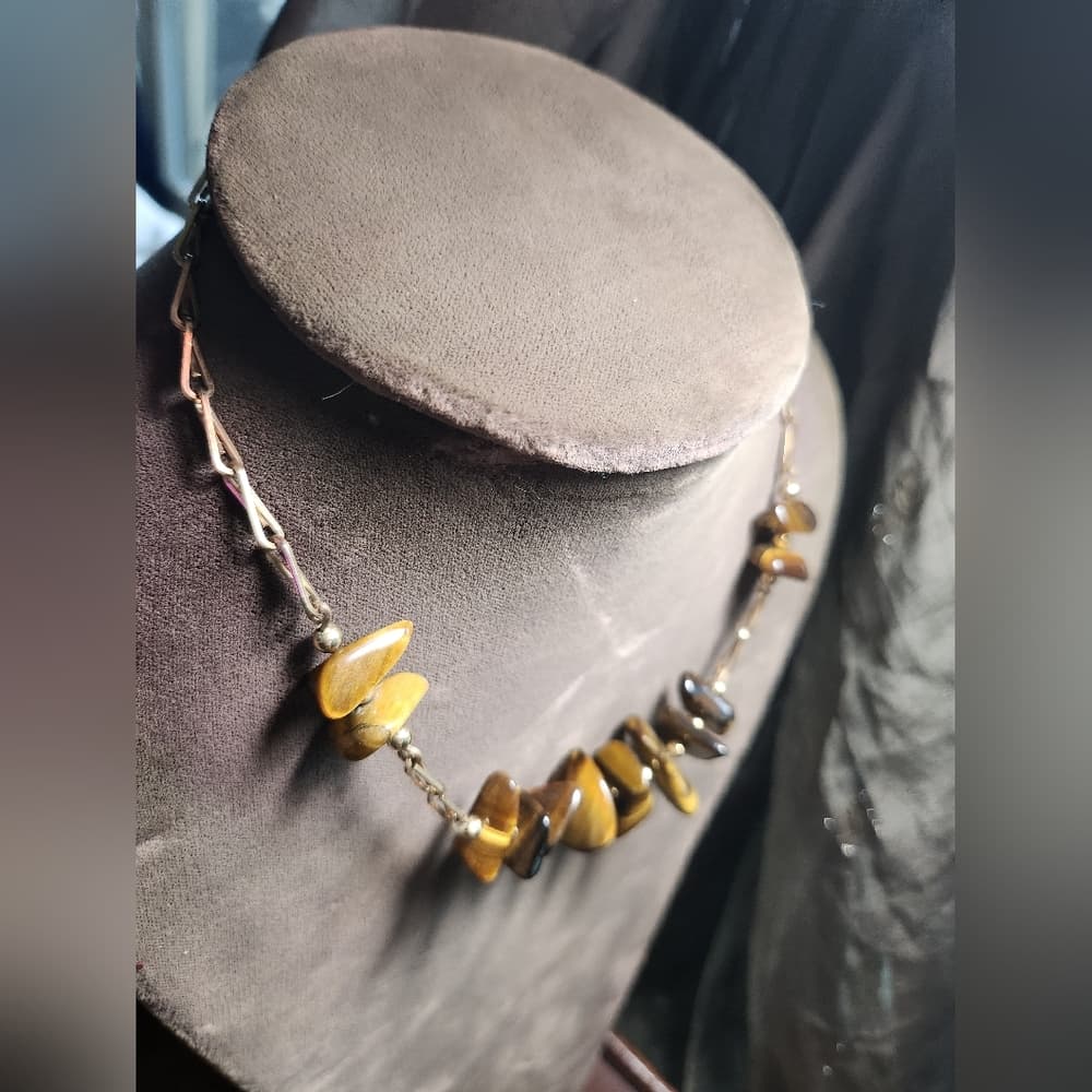 Vintage Gold and Tiger Eye Beaded Necklace with Delicate Chain Choker - Thumbnail 2