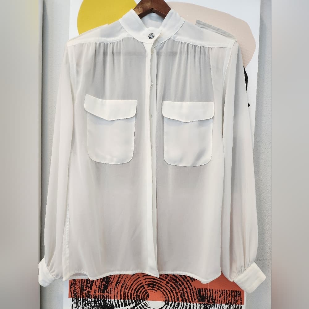 Vintage Liz Claiborne Sheer White Blouse With Sparkly Accents Shoulder Pads - Thumbnail 15