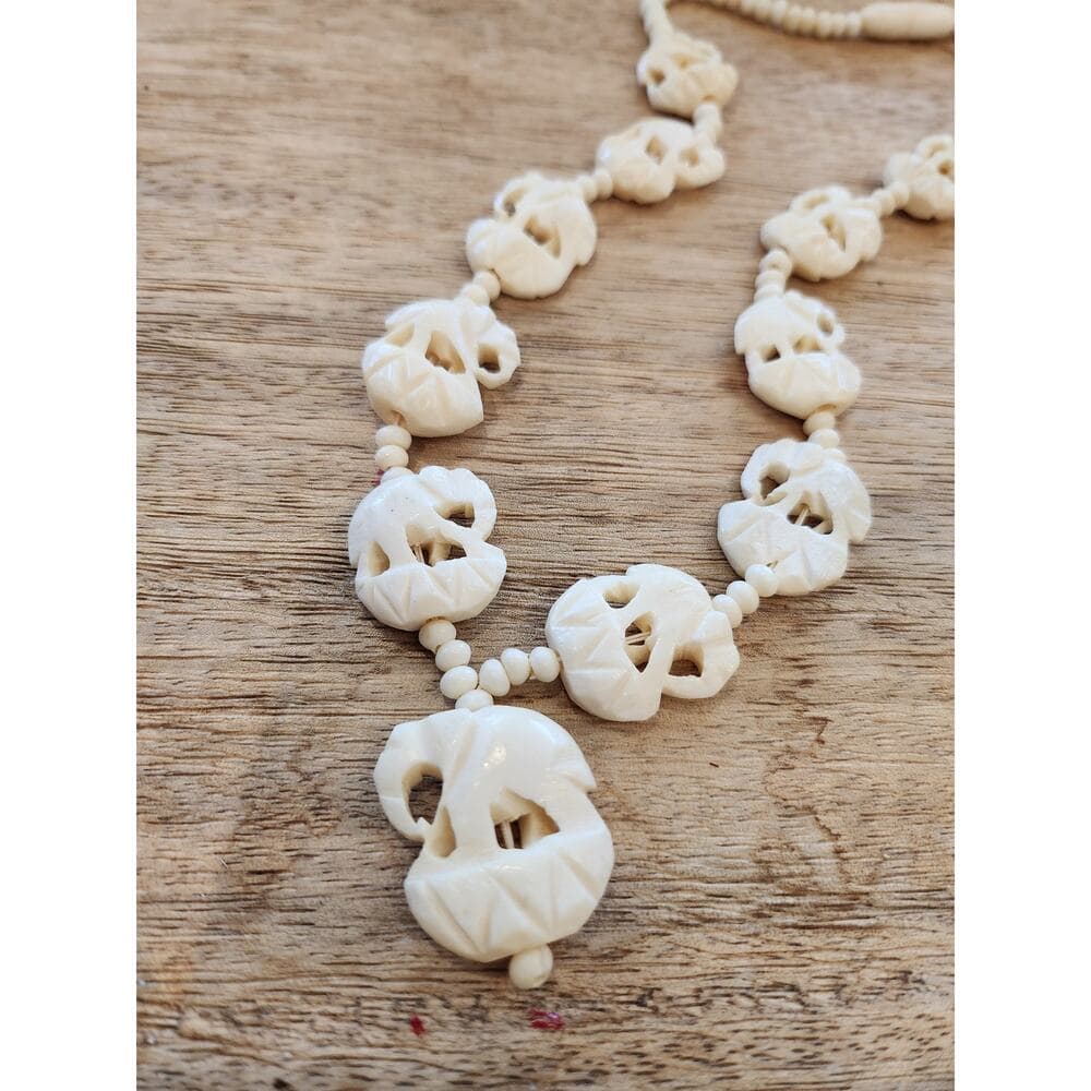 Vintage Carved Bone Faux Ivory Elephant Beaded Necklace