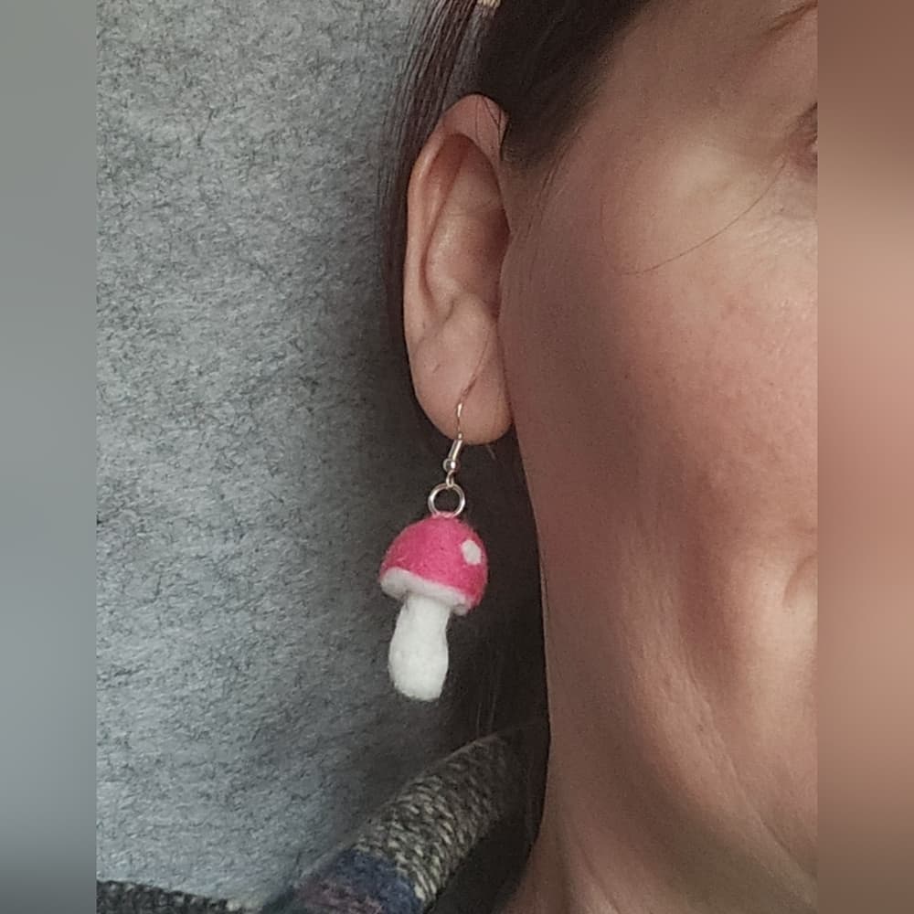 Vibrant Blue and White Polka Dot Needlefelted Handmade Mushroom Earrings - Thumbnail 3