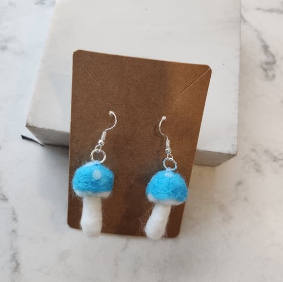 Vibrant Blue and White Polka Dot Needlefelted Handmade Mushroom Earrings - Thumbnail 7