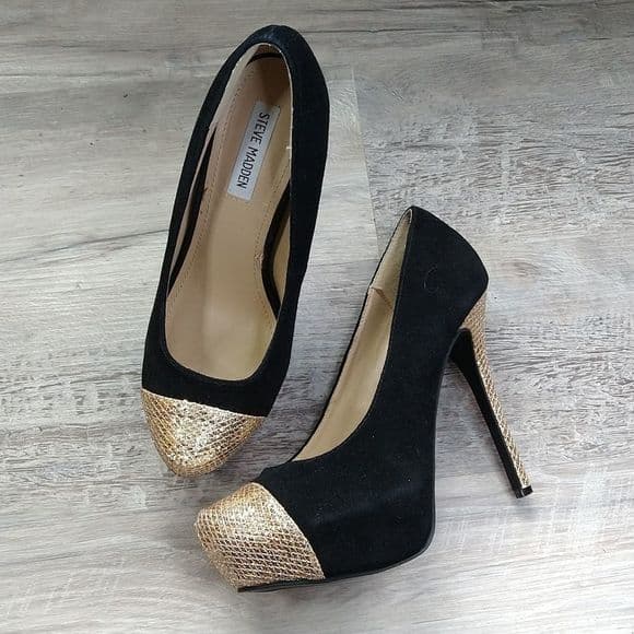 Steve Madden Black Suede and Gold Platform Heels - Thumbnail 13