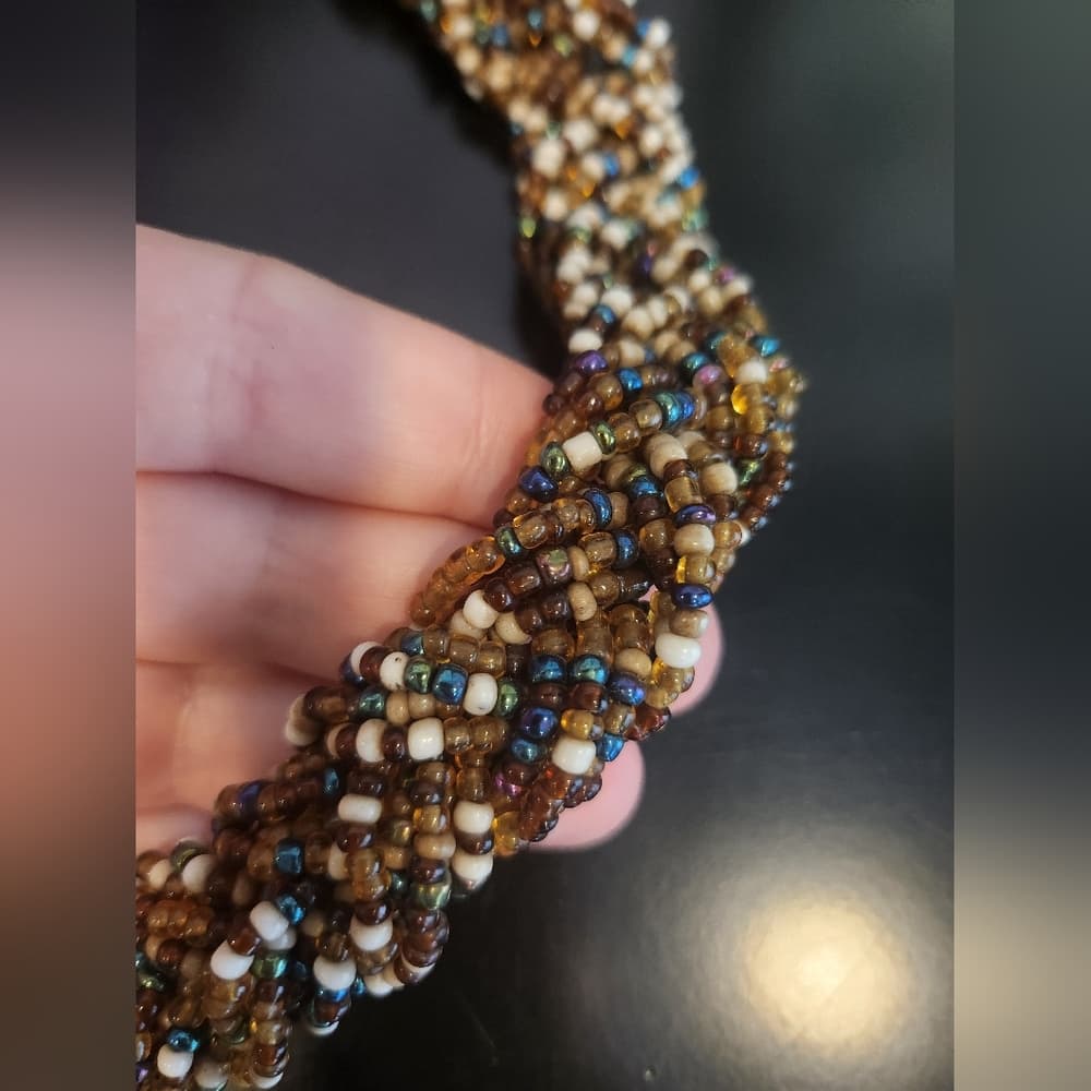 Elegant Chunky Brown And Blue Tones Multistrand Braided Beaded Collar Necklace - Thumbnail 5