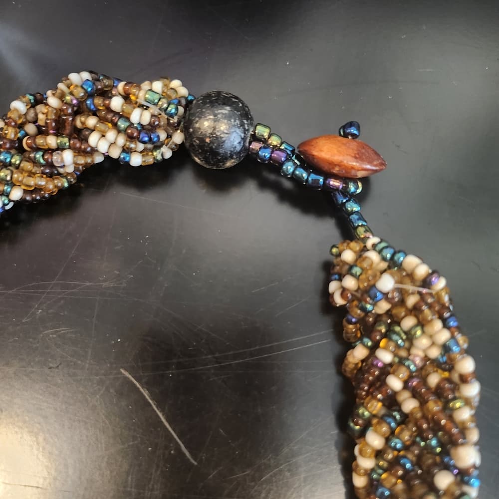 Elegant Chunky Brown And Blue Tones Multistrand Braided Beaded Collar Necklace - Thumbnail 4