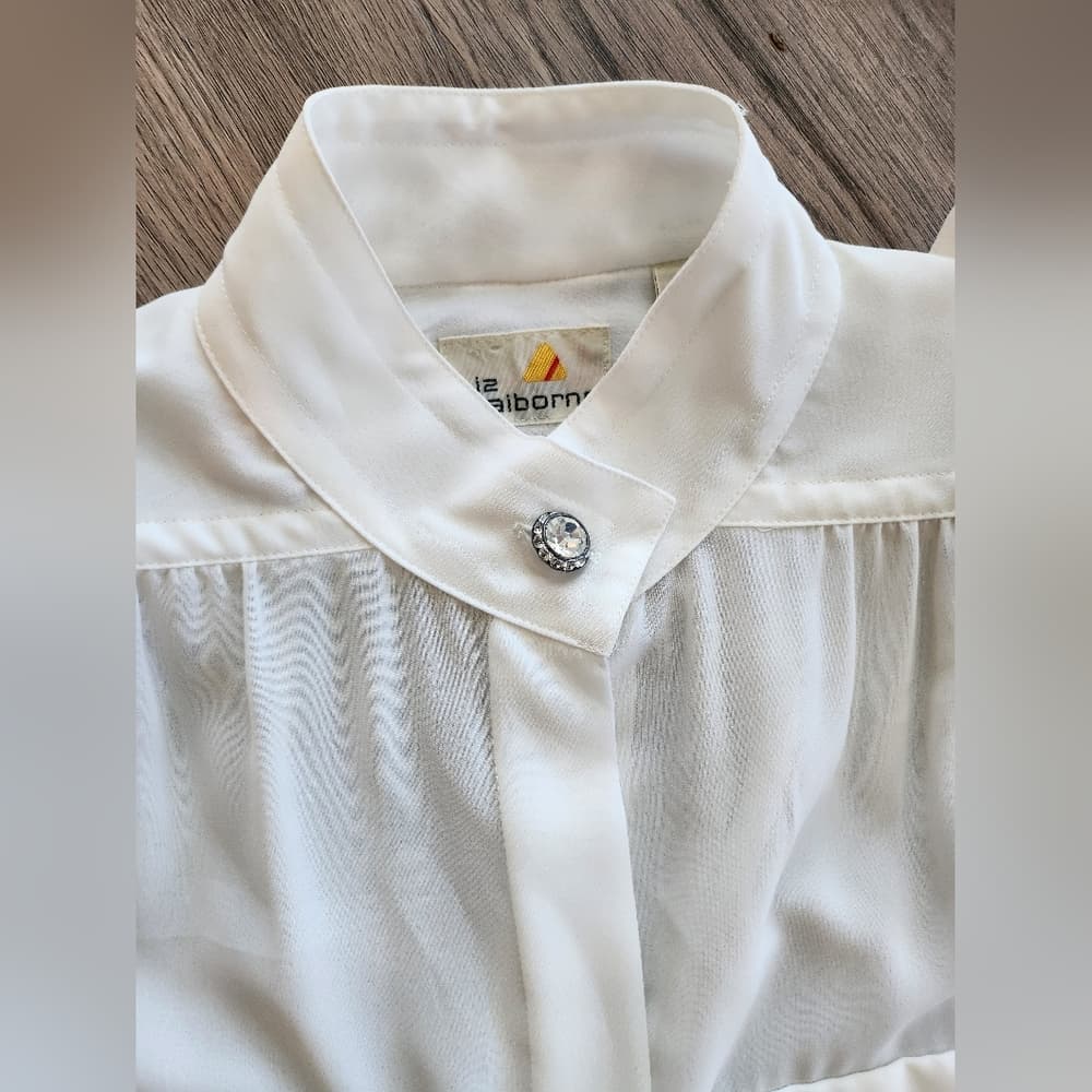 Vintage Liz Claiborne Sheer White Blouse With Sparkly Accents Shoulder Pads - Thumbnail 3