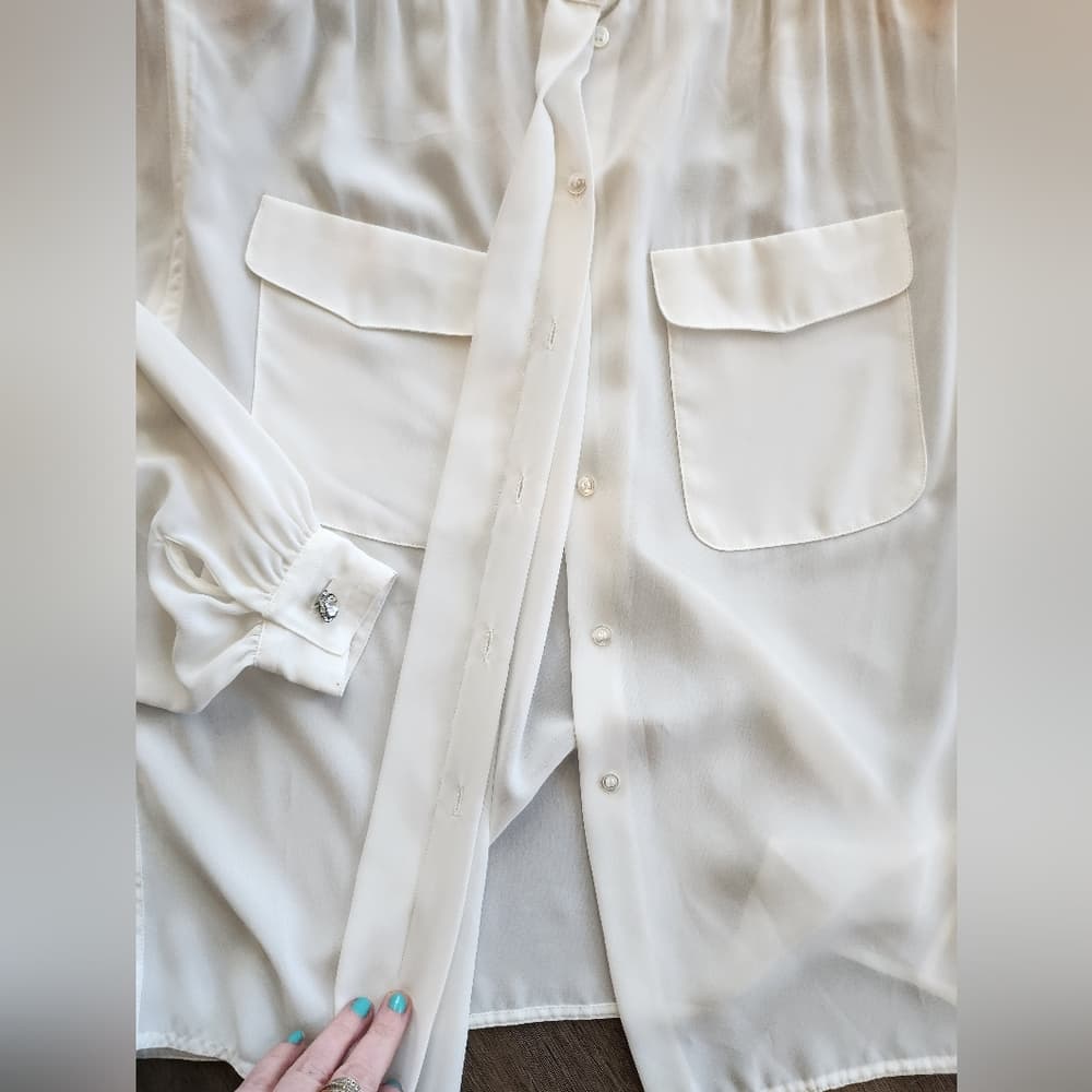 Vintage Liz Claiborne Sheer White Blouse With Sparkly Accents Shoulder Pads - Thumbnail 5