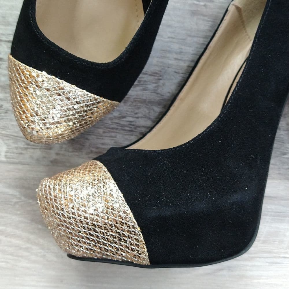 Steve Madden Black Suede and Gold Platform Heels