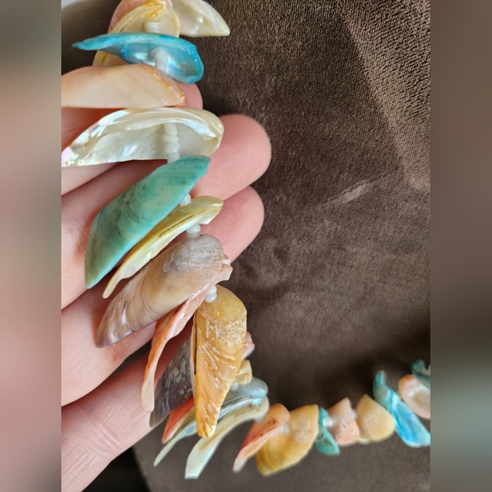 Pastel Pink and Blue Shell Fringe Bohemian Mermaid Coastal Necklace - Thumbnail 3