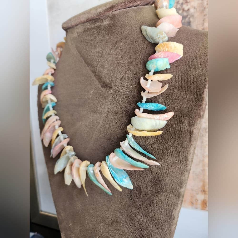 Pastel Pink and Blue Shell Fringe Bohemian Mermaid Coastal Necklace