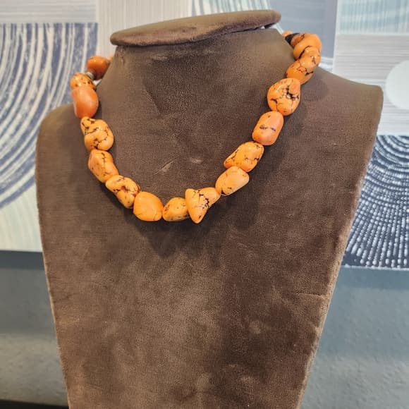 Chunky Orange Turquiose Nugget Beaded Necklace - Thumbnail 6