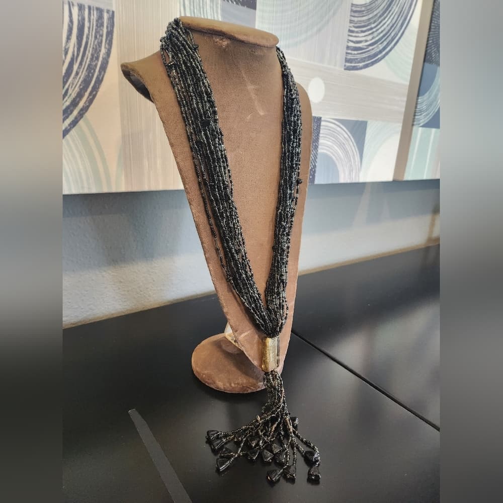 Elegant Layered And Fringed Black Beaded Statement Necklace