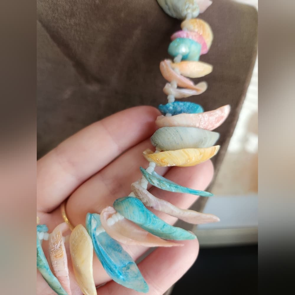 Pastel Pink and Blue Shell Fringe Bohemian Mermaid Coastal Necklace - Thumbnail 4