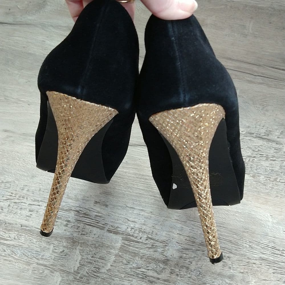Steve Madden Black Suede and Gold Platform Heels - Thumbnail 5