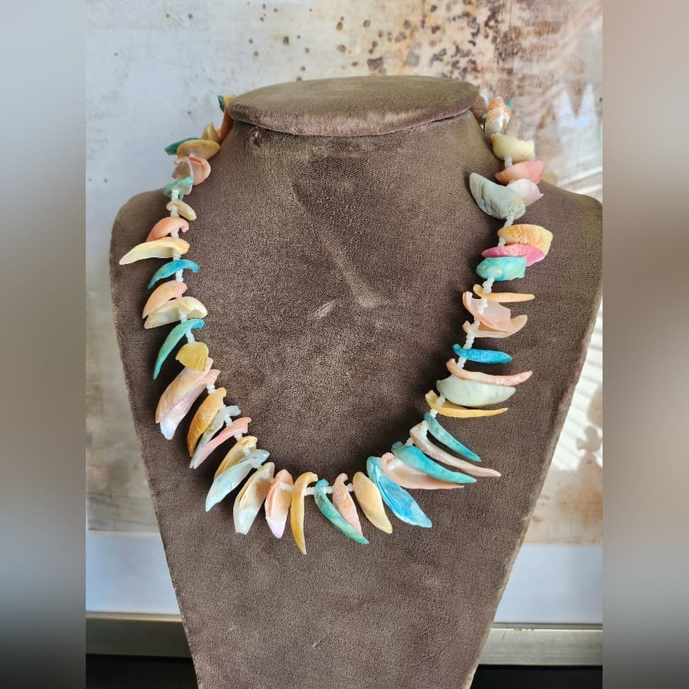 Pastel Pink and Blue Shell Fringe Bohemian Mermaid Coastal Necklace - Thumbnail 6