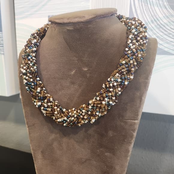 Elegant Chunky Brown And Blue Tones Multistrand Braided Beaded Collar Necklace - Thumbnail 8