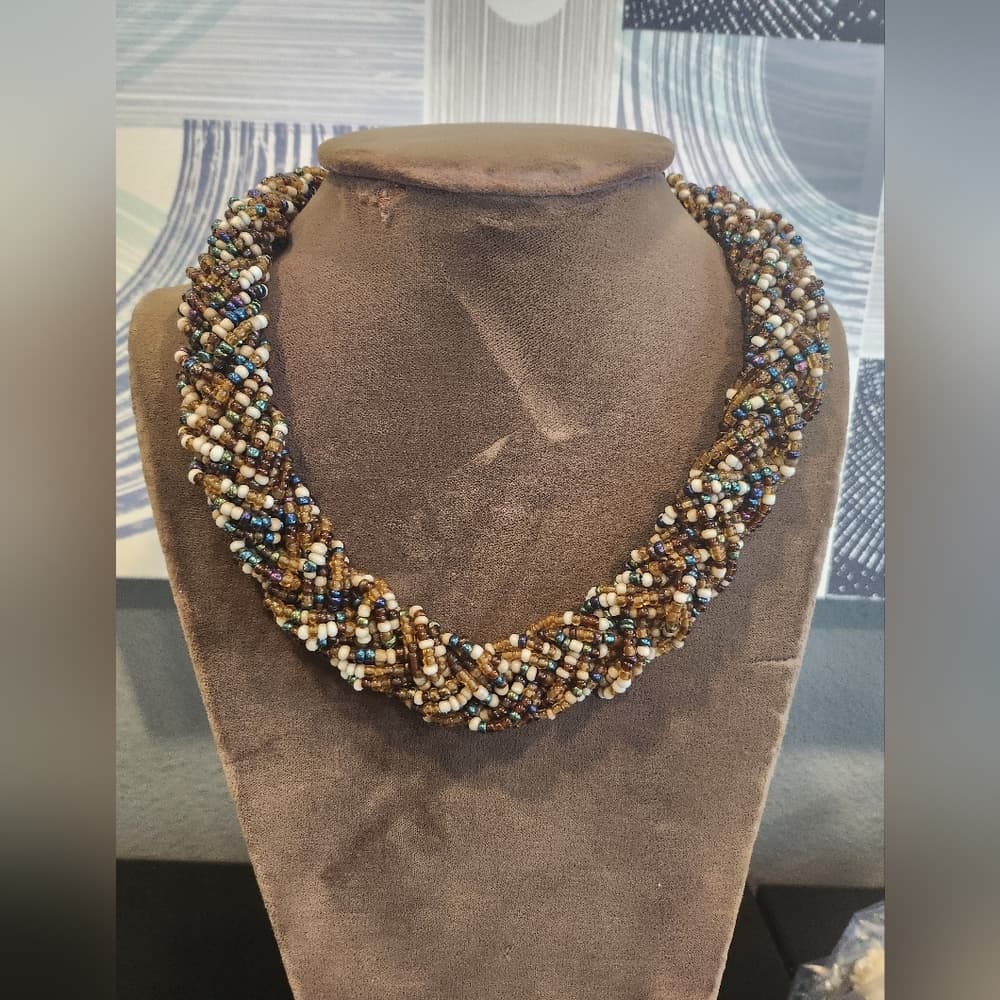 Elegant Chunky Brown And Blue Tones Multistrand Braided Beaded Collar Necklace