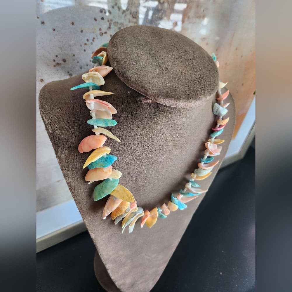 Pastel Pink and Blue Shell Fringe Bohemian Mermaid Coastal Necklace - Thumbnail 2
