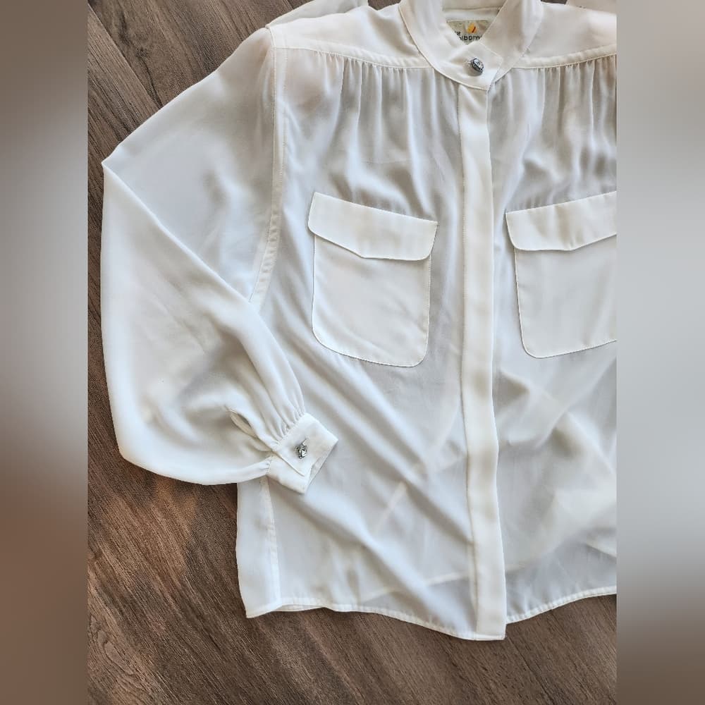 Vintage Liz Claiborne Sheer White Blouse With Sparkly Accents Shoulder Pads - Thumbnail 2
