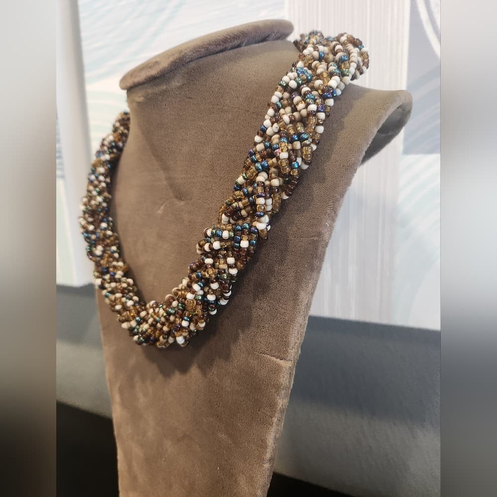 Elegant Chunky Brown And Blue Tones Multistrand Braided Beaded Collar Necklace - Thumbnail 2