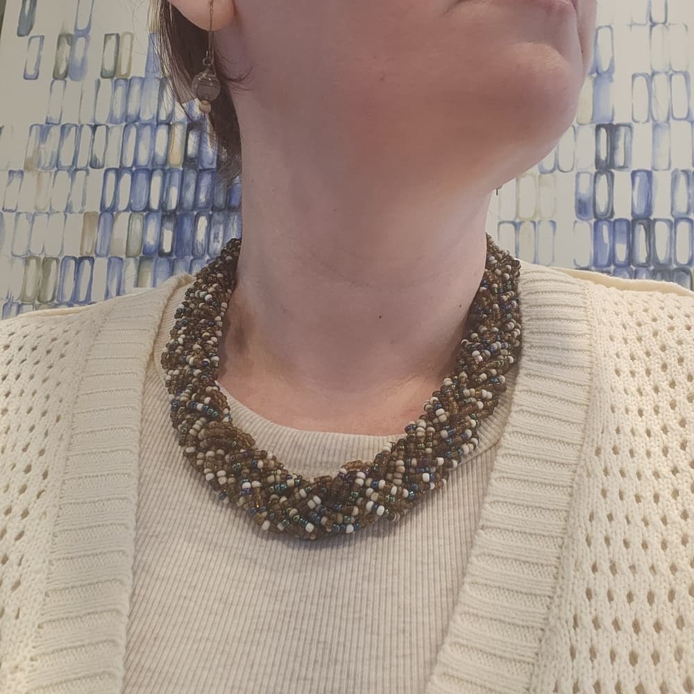 Elegant Chunky Brown And Blue Tones Multistrand Braided Beaded Collar Necklace - Thumbnail 6