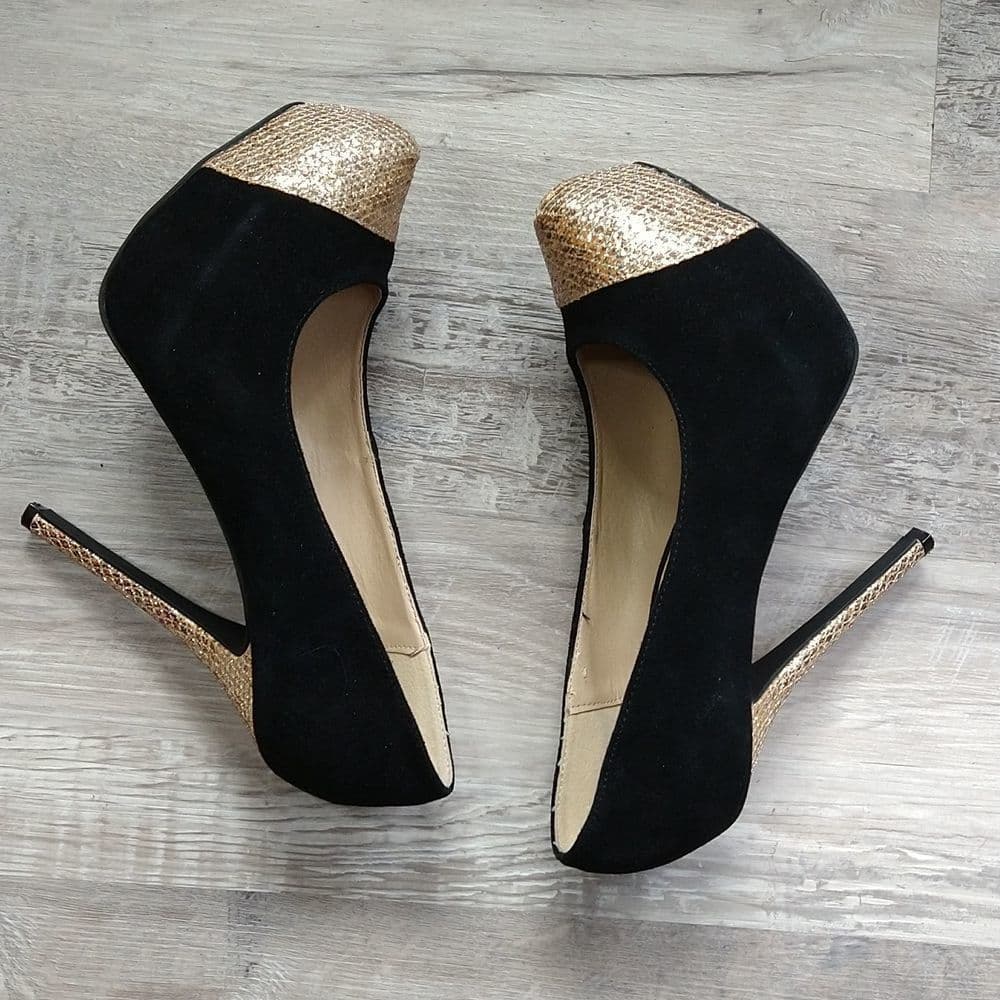 Steve Madden Black Suede and Gold Platform Heels - Thumbnail 8