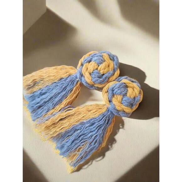 Macrame Pinwheel Fringe Tassel Statement Earrings Multi Color Mustard and Cobalt - Thumbnail 11