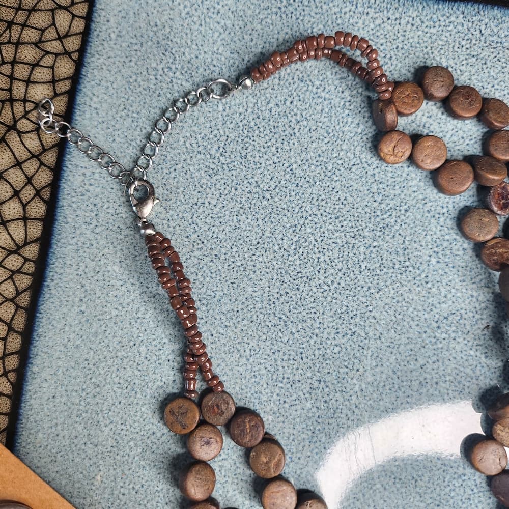 Brown Wood And Silver Tone Beaded Necklace and Earring Set - Thumbnail 5
