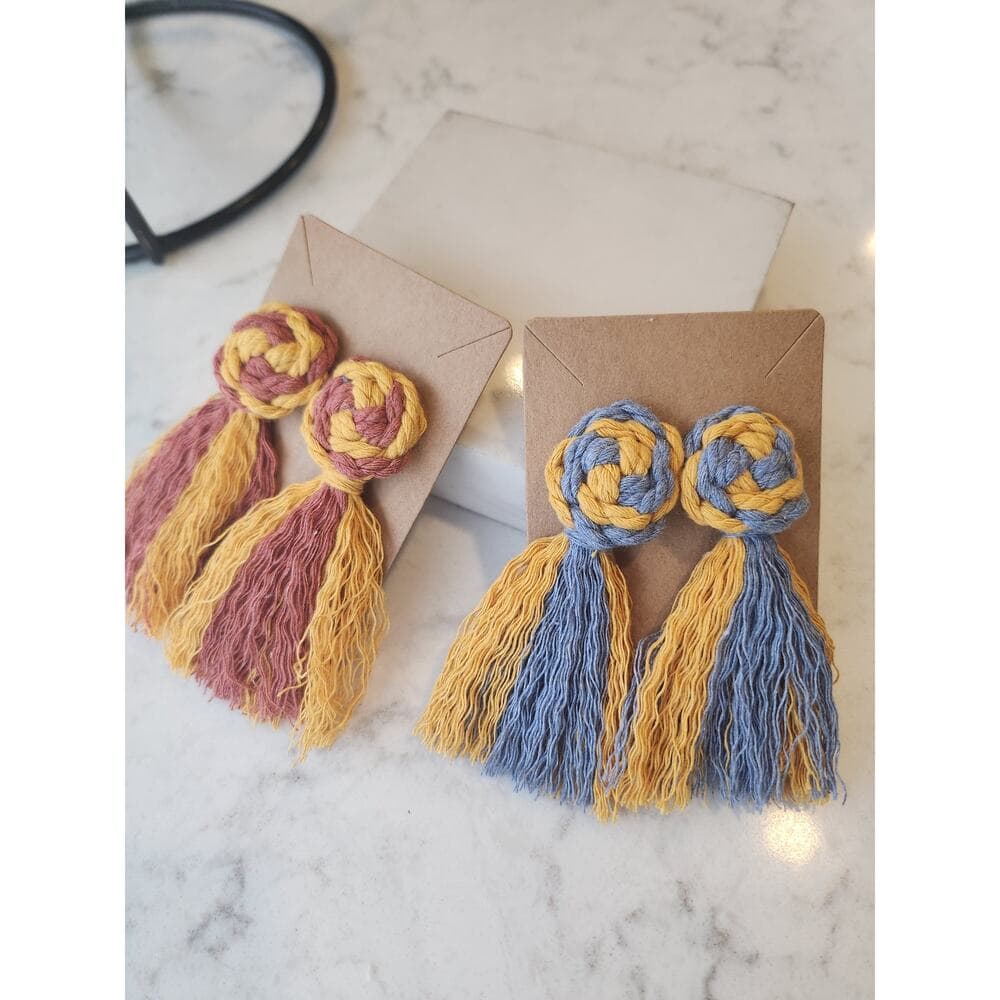 Macrame Pinwheel Fringe Tassel Statement Earrings Multi Color Mustard and Cobalt