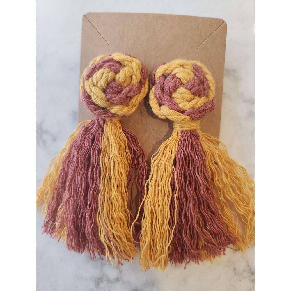 Macrame Pinwheel Fringe Tassel Statement Earrings Multi Color Mustard and Cobalt - Thumbnail 8