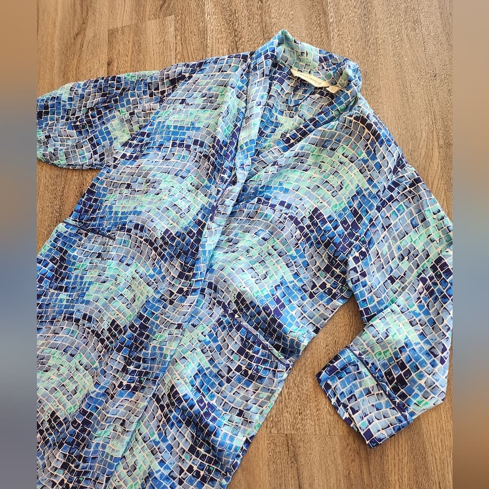 Vintage Victoria's Secret 1990s Blue Mosaic Patterned Long Polyester Type Robe - Thumbnail 5